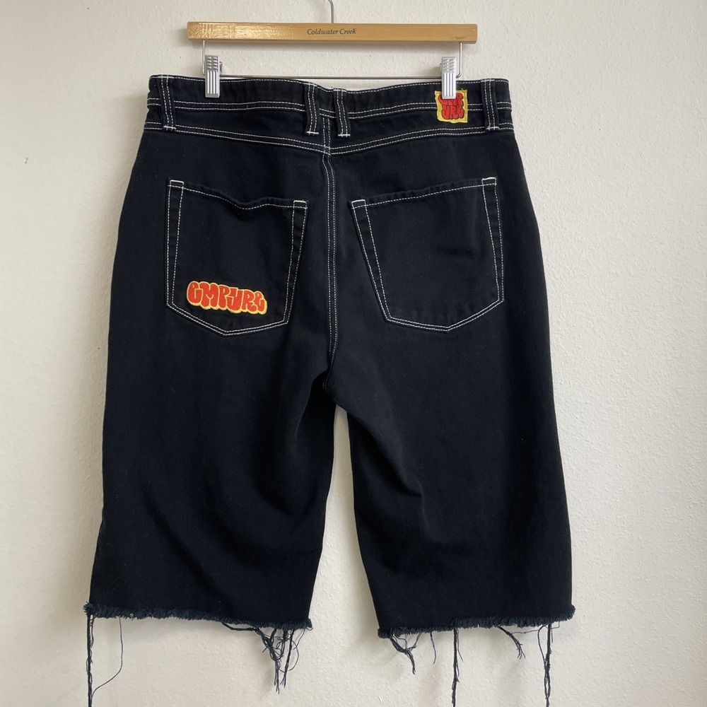 Empyre Mens Jean Shorts size 34(tag) Black Cotton Embroiered Logo Raw Hem Grunge
